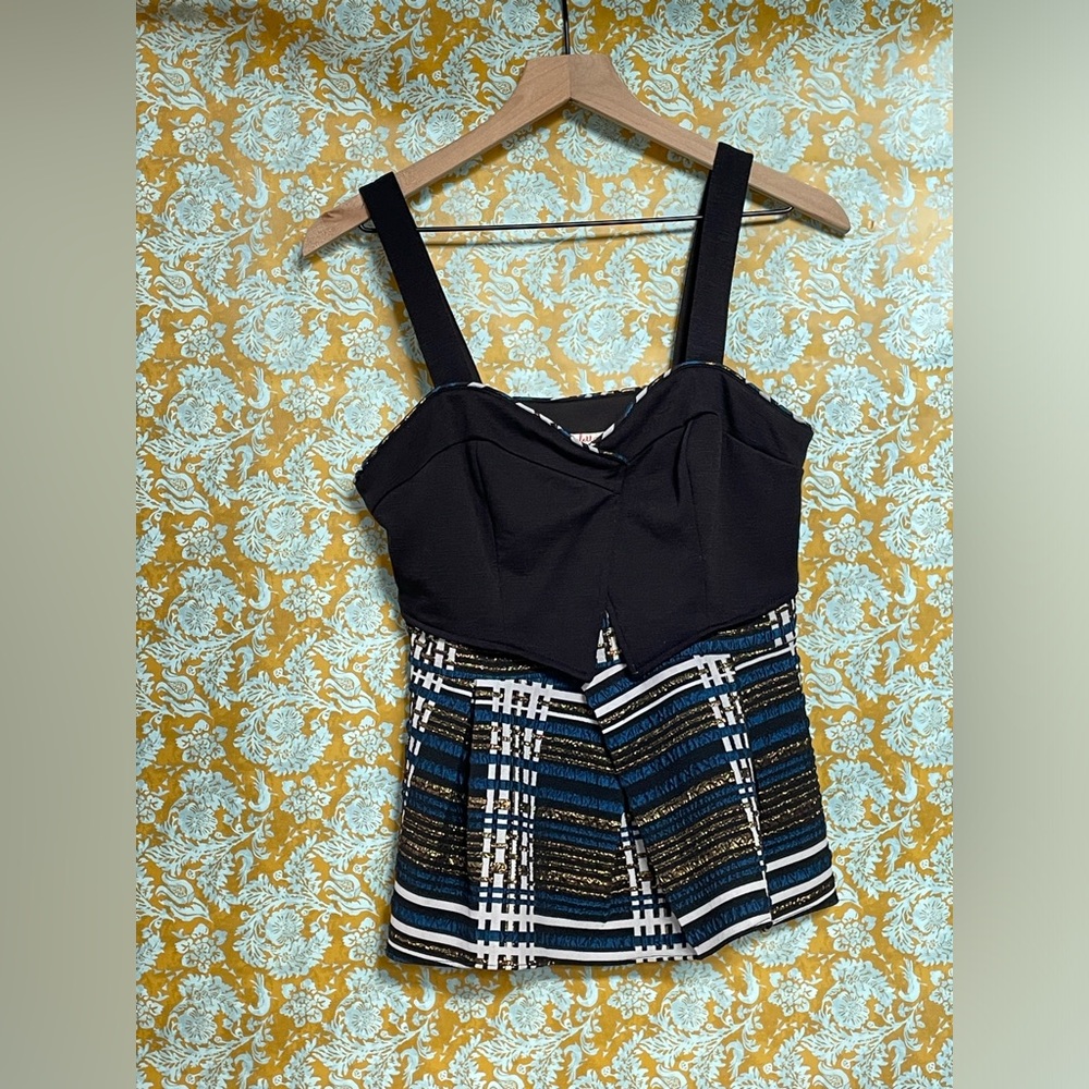 Anthropologie Deletta Black Blue Gold Plaid Peplum Corset Tank Top Blouse